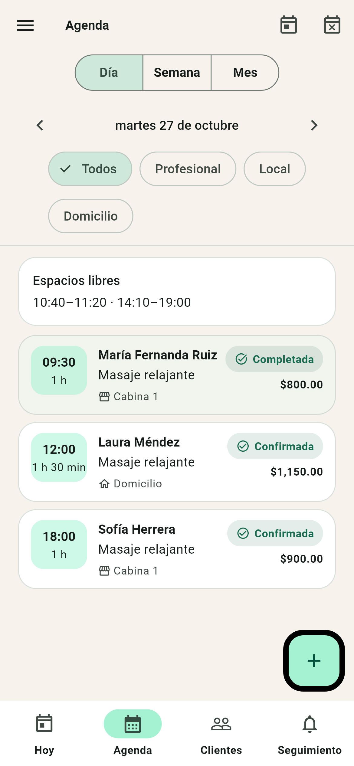 Pantalla Agenda con vista por día, espacios libres y citas