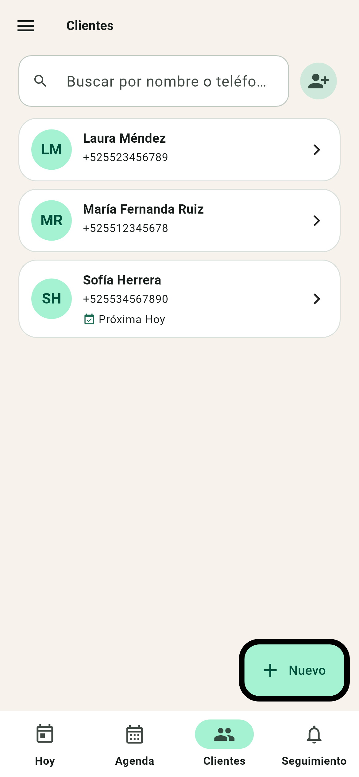 Pantalla Clientes con búsqueda por nombre o teléfono