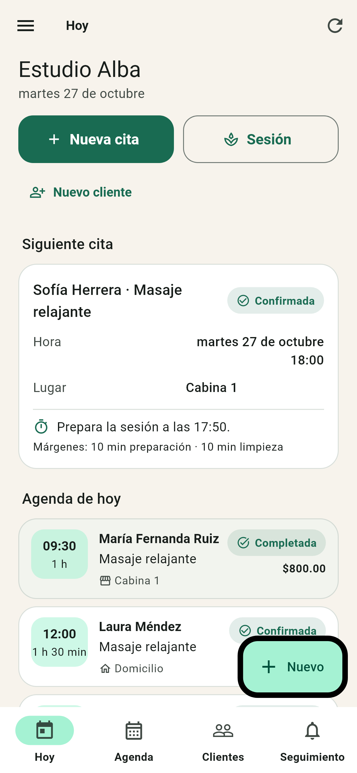 Pantalla Hoy de la app con la siguiente cita y la agenda del día